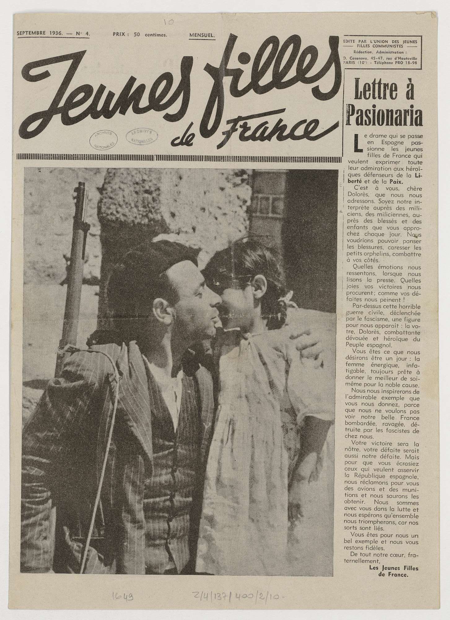 Exemplaire du journal mensuel Jeunes filles de France (septembre 1936) saisi par la police chez Raymonde le 2 juin 1942. © Archives nationales (France), Z/4/138 dossier 400.