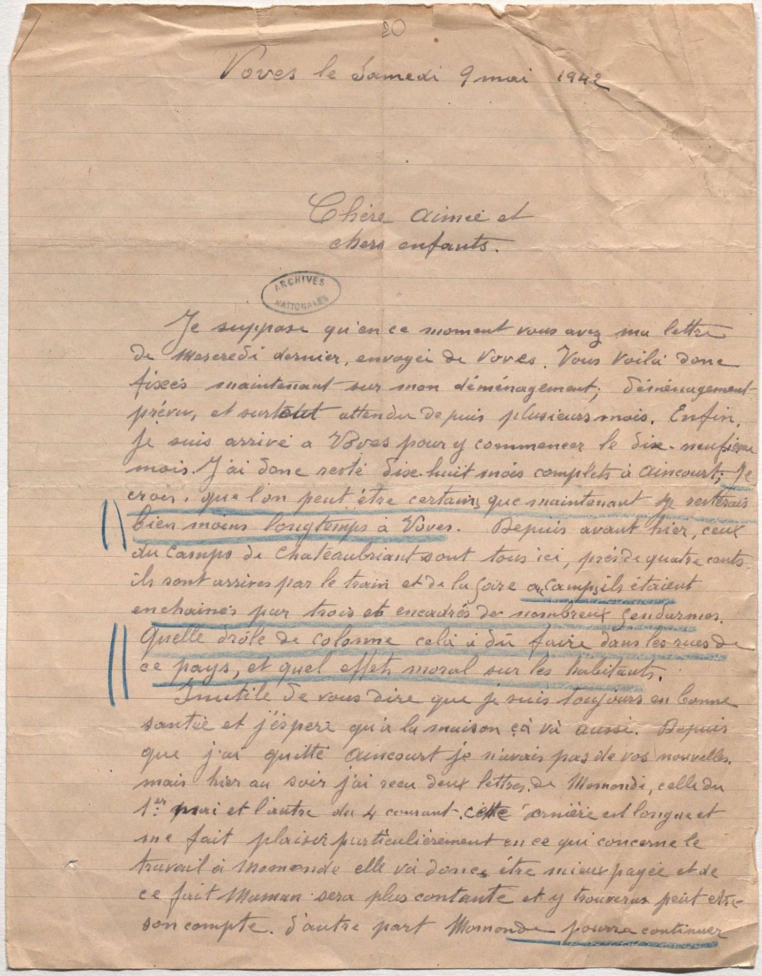 Lettre d'Auguste à sa famille (9 mai 1942) saisie par la police (recto). © Archives nationales (France), Z/4/138 dossier 400.