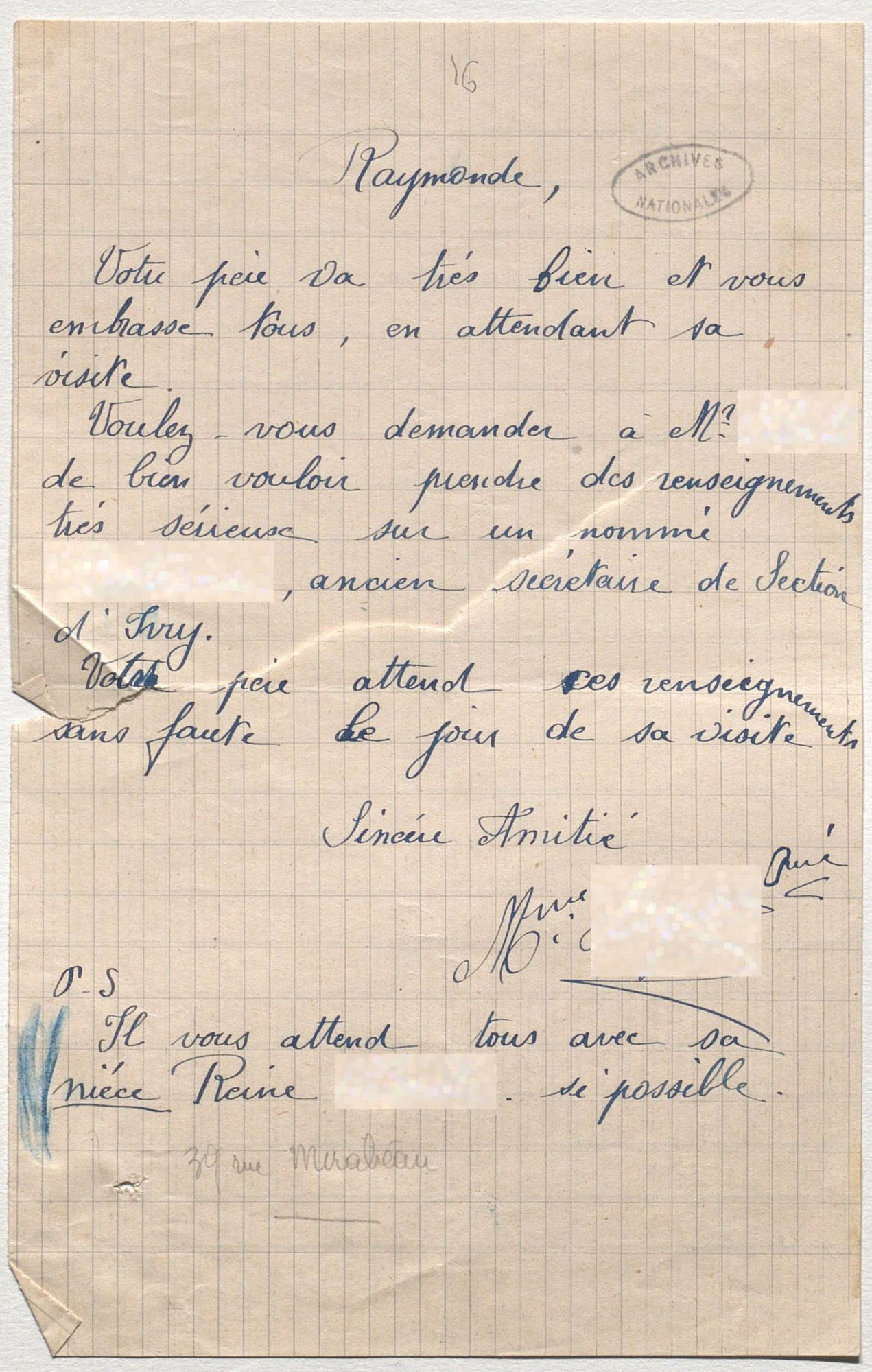 Courrier adressé à Raymonde par une personne non identifiée, 1941-1942. © Archives nationales (France), Z/4/138 dossier 400.