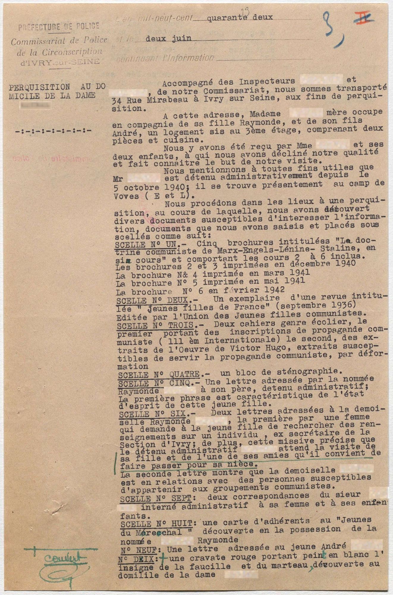 Extrait du rapport de perquisition des policiers d'Ivry le 2 juin 1942 (recto). © Archives nationales (France), Z/4/58 dossier 401.
