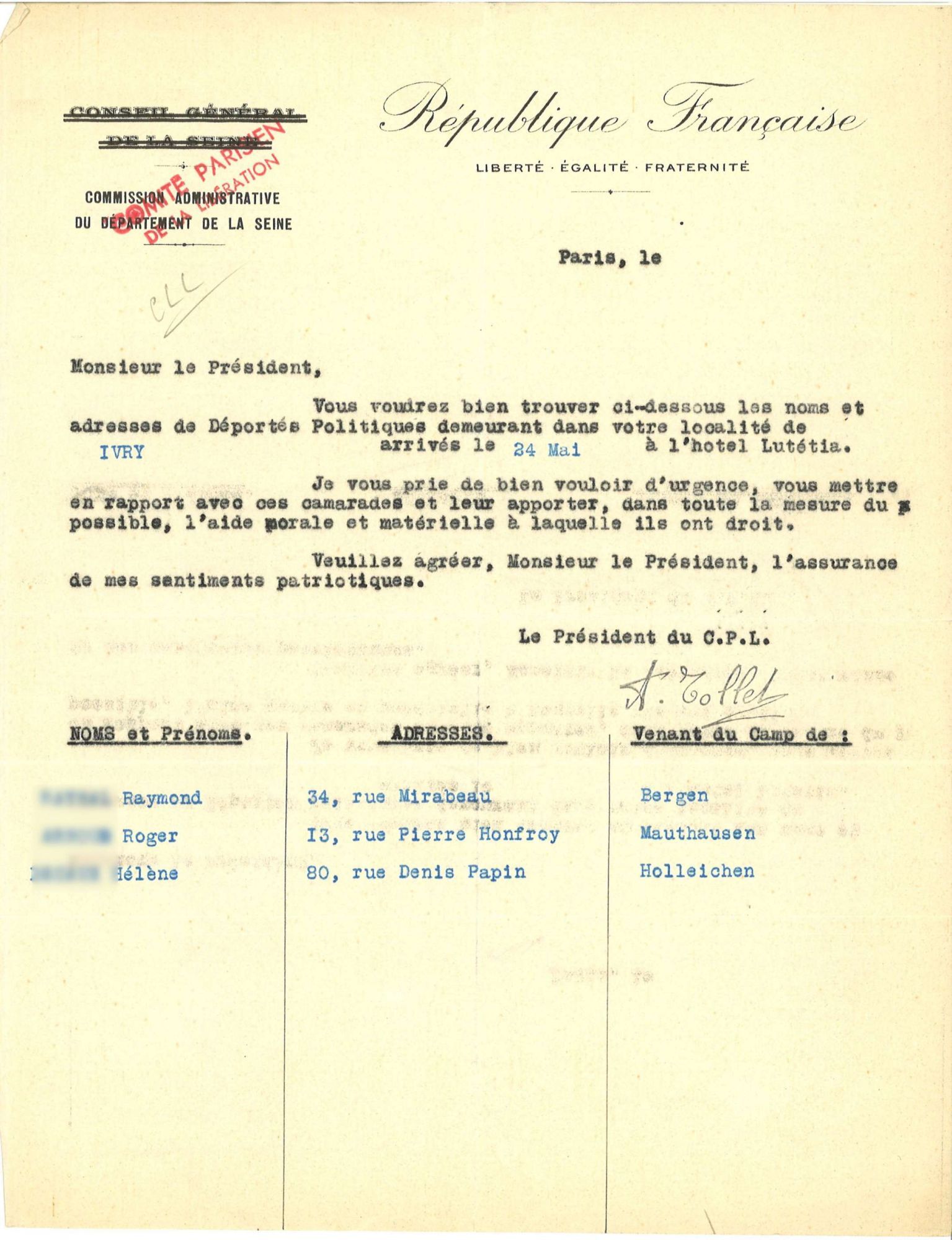 Courrier du Comité parisien de la Libération adressé au maire d'Ivry-sur-Seine, mai 1945. © Archives municipales d'Ivry-sur-Seine.