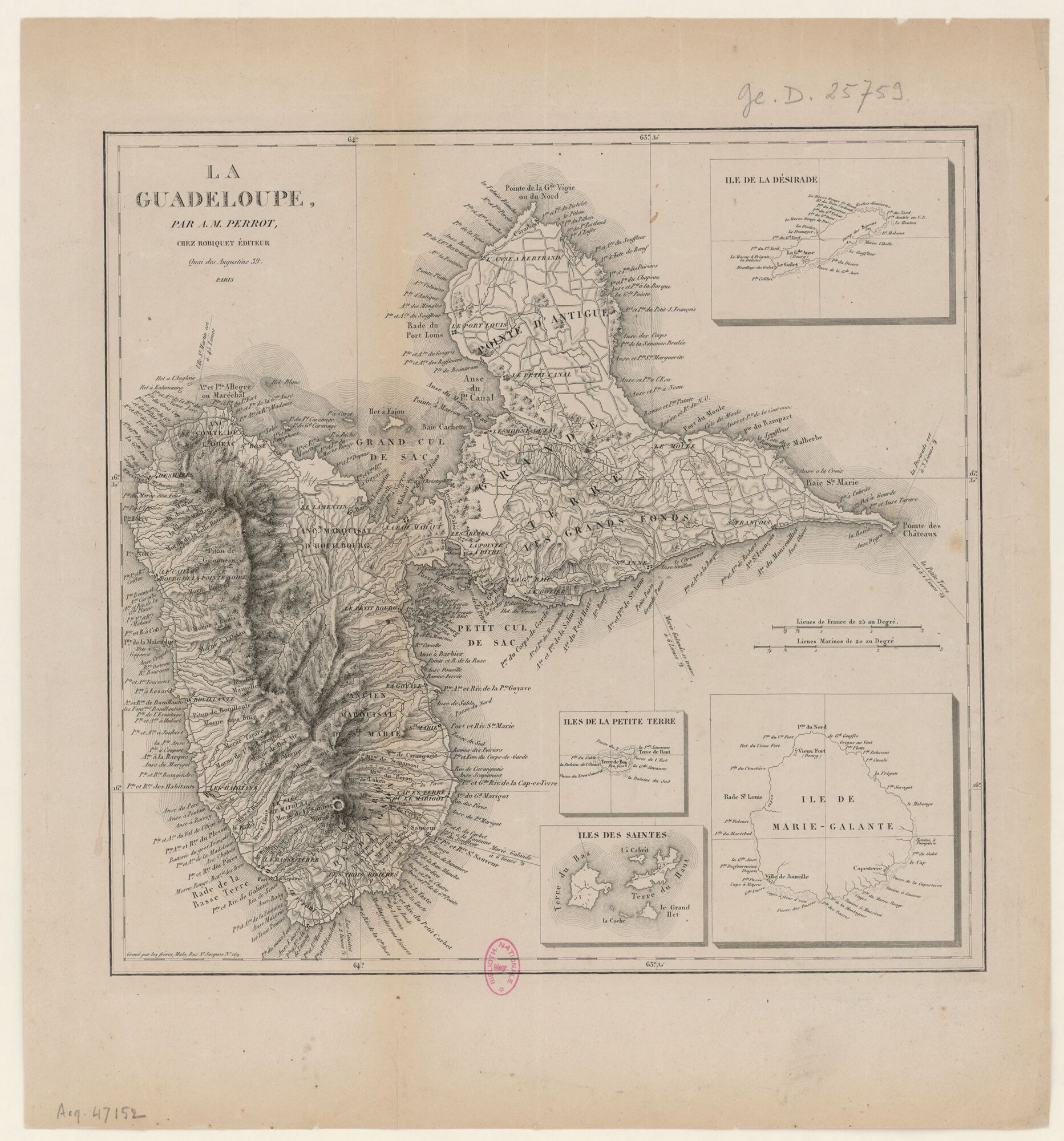 Carte de la Guadeloupe par Aristide-Michel Perrot, gravée par les frères Malo, 1840. 