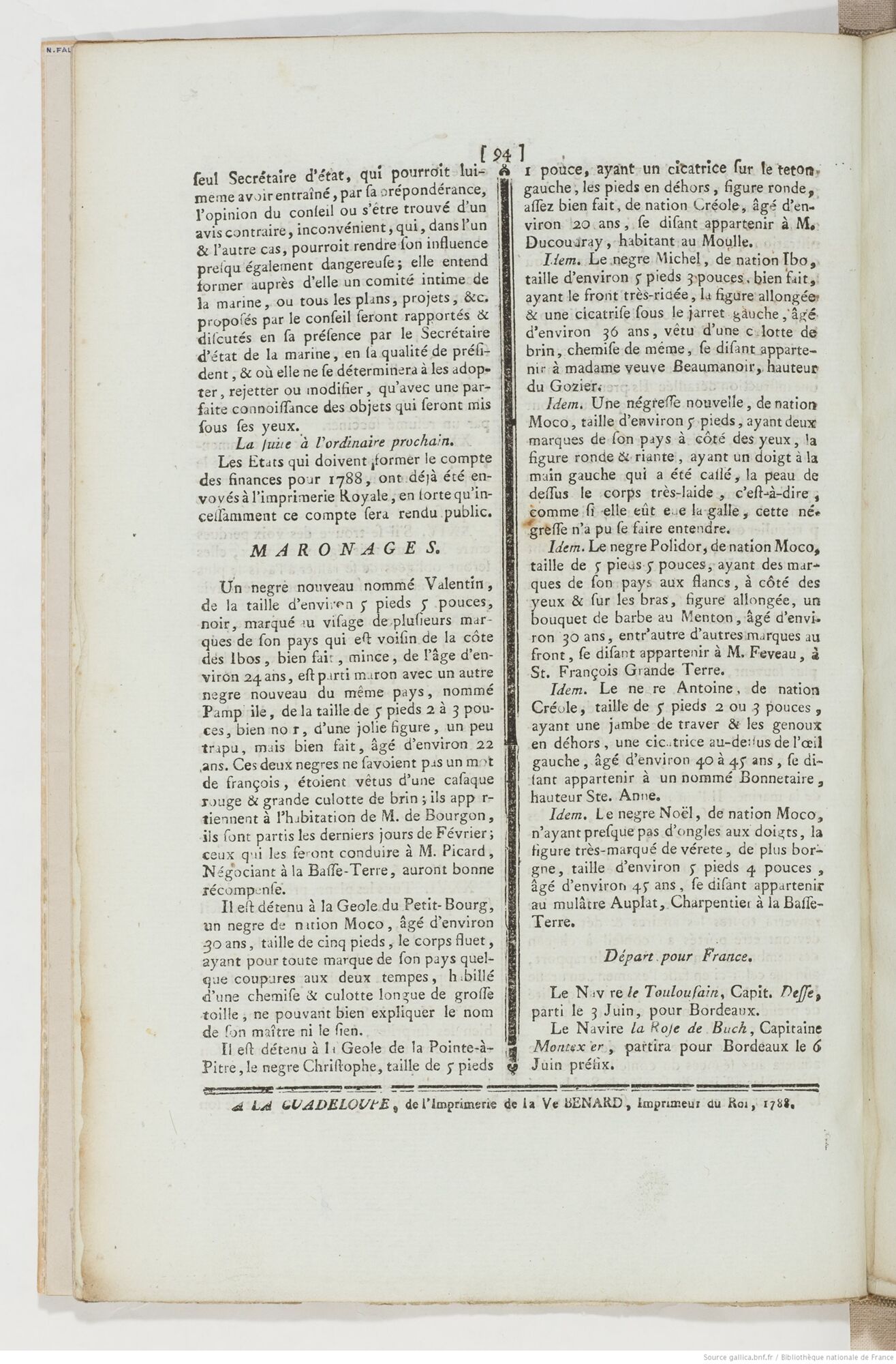 Extrait de la Gazette de la Guadeloupe, 1788.
